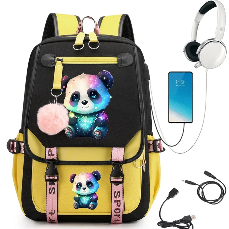 حقيبة ظهر المدرسة الابتدائية الثانوية الملونة الباندا أنيمي الحقائب المدرسية USB شحن على ظهره الفتيات المراهقات على ظهره حقيبة الكتب kawaii