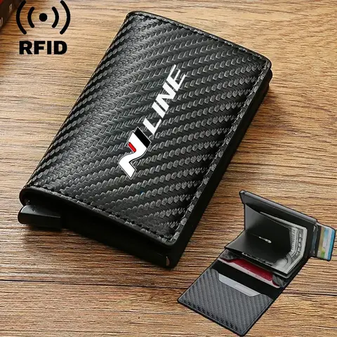 RFID 가죽 카본 파이버 신용카드 홀더 PU 지갑 남성용 블랙 매직 트리폴드 현대 N 라인 Nline I10 I30 소나타 엘란트라용