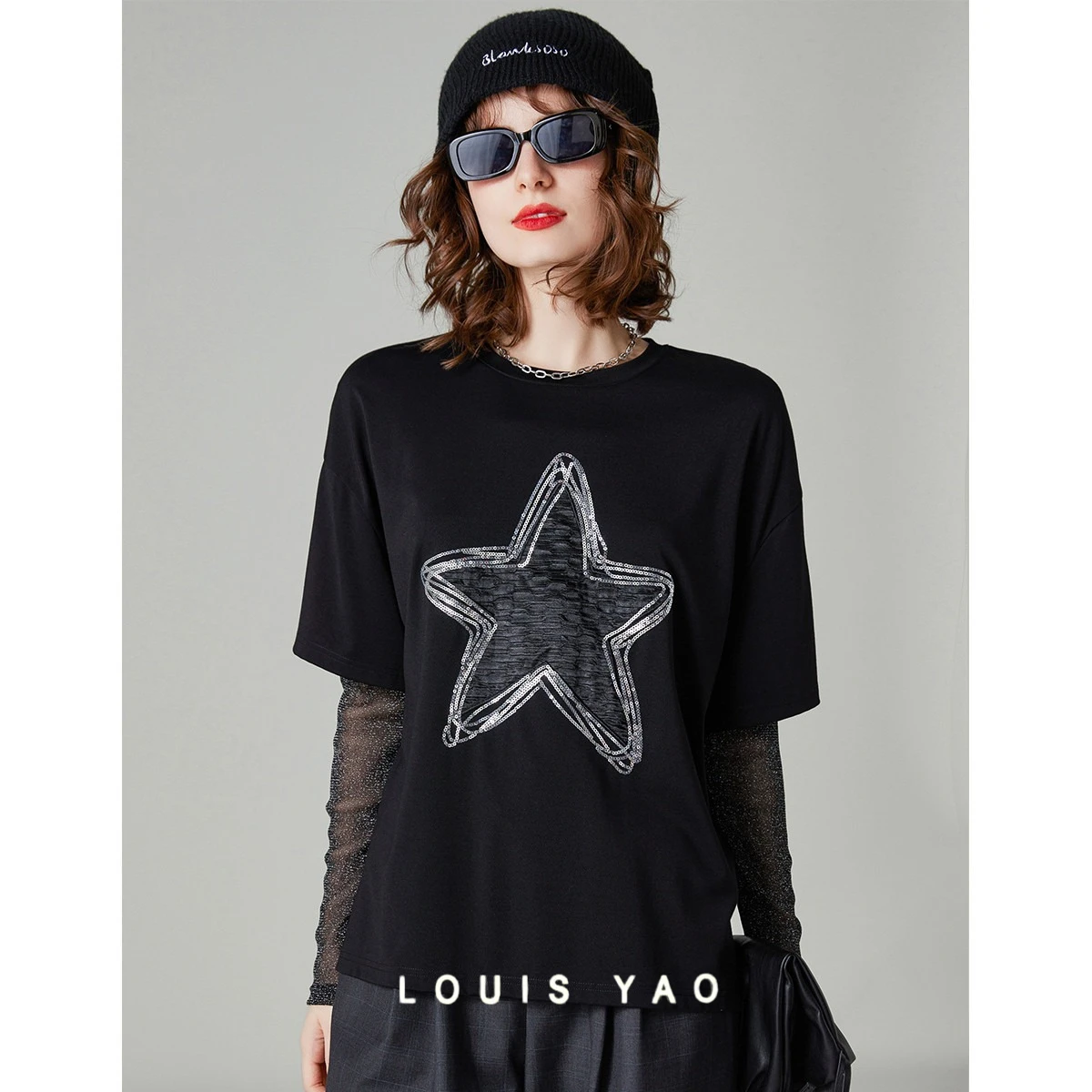 

LOUIS YAO Sequined Fake Two-Piece Women's T-Shirt 2025 Spring Autumn Casual Round Neck Embroidered Patchwork Long-Sleeve Tees