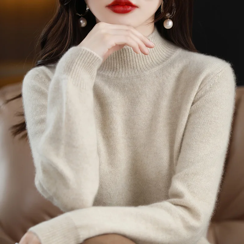 

Casual Korean Jumpers Autumn Winter Women Sweater Half High Collar Long Sleeve Warm Basic Knitted Pullovers Solid Loose Knitwear