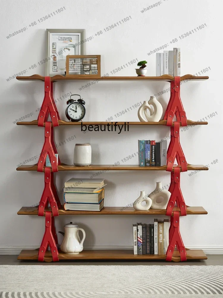 03.Italian style lightweight luxury solid wood bookshelf living room simple bookshelf multi-layer