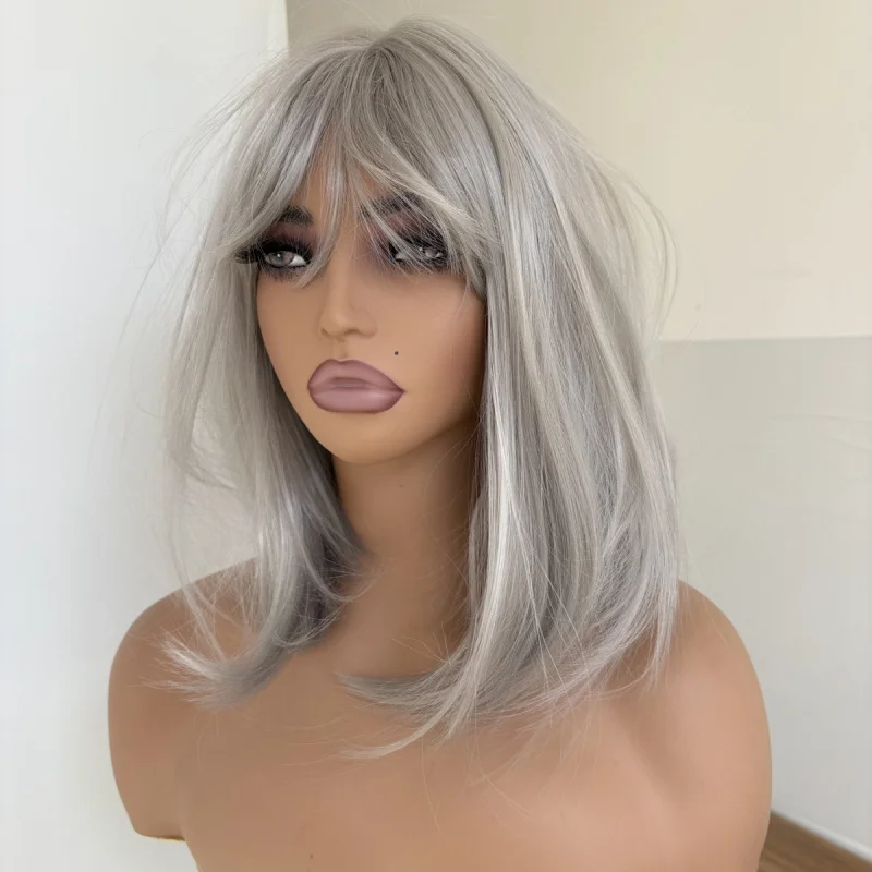 

Grey Dress Up Wig With Bangs Synthetic Hair Heat Resistant Straight