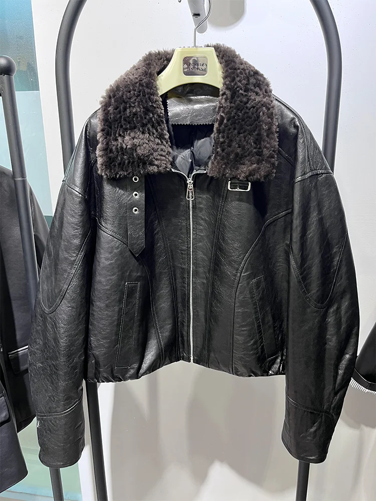 Natürliche Echte Schaffell Leder Jacke Merino Schafe Pelz Kragen Gans Unten Jacke Mantel frauen Luxus Weibliche Puffer Mäntel