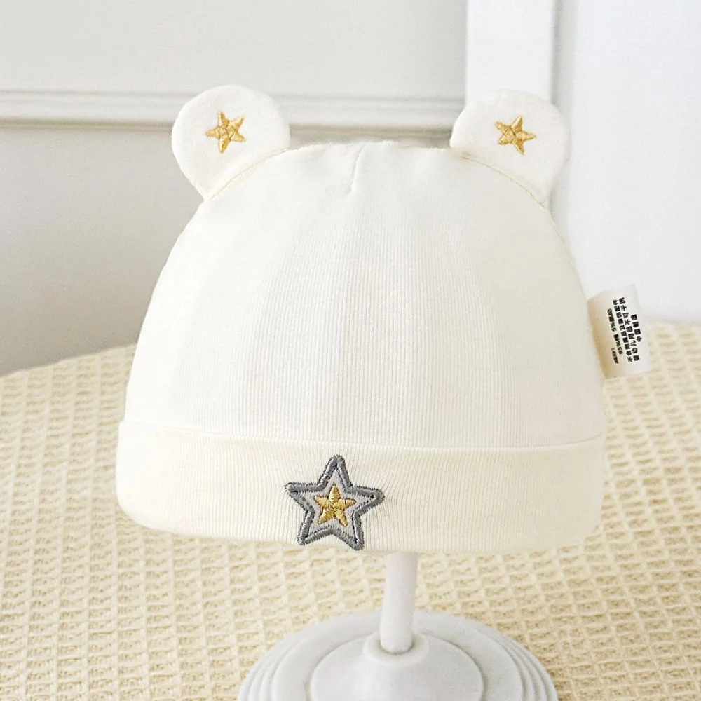 

Шапочка для новорожденных, однослойная, с вышивкой в виде звезды, милые весенне-летние детские шапочки для мальчиков и девочек от 0 до 3 месяцев
