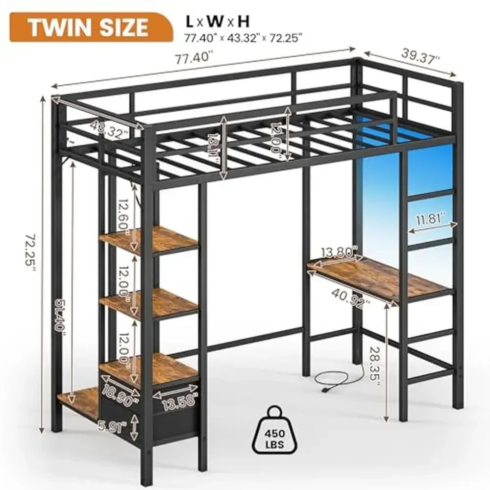 Twin Metal Loft Bed with Desk LED Lights Storage Shelves Fabric Drawers Charging Station Twin Size Black Farmhouse Modern Easy