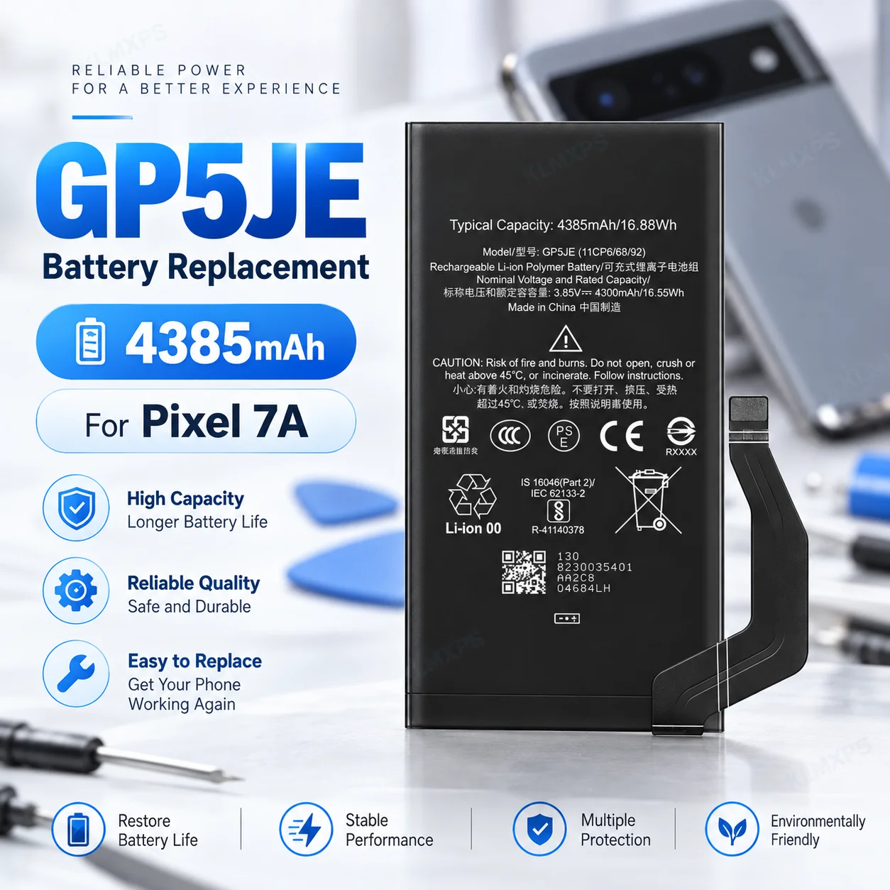 4385mAh GP5JE Battery for Google Pixel 7A Li Polymer Rechargeable Replacement Battery with Repair Tool Kit