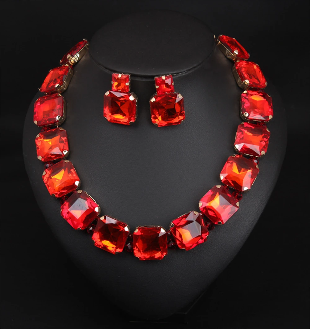 2pc Fashion Luxury Red Crystal Set Jewelry Luxury Romantic Banquet Party Rhinestone Necklace Earrings Jewelry Set Accessories