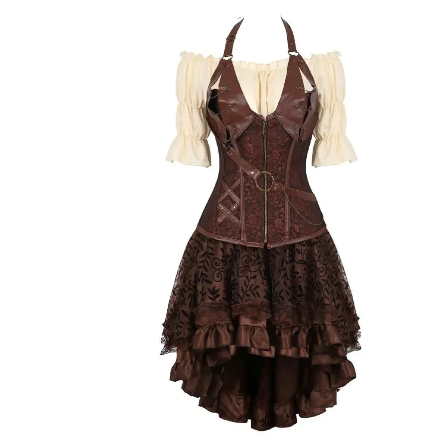 Steampunk Gothic Faux หนังรัดตัวเซ็กซี่ Bustier Top ไม่สมมาตรกระโปรงลูกไม้ดอกไม้ Renaissance เสื้อโจรสลัดชุดคอสเพลย์