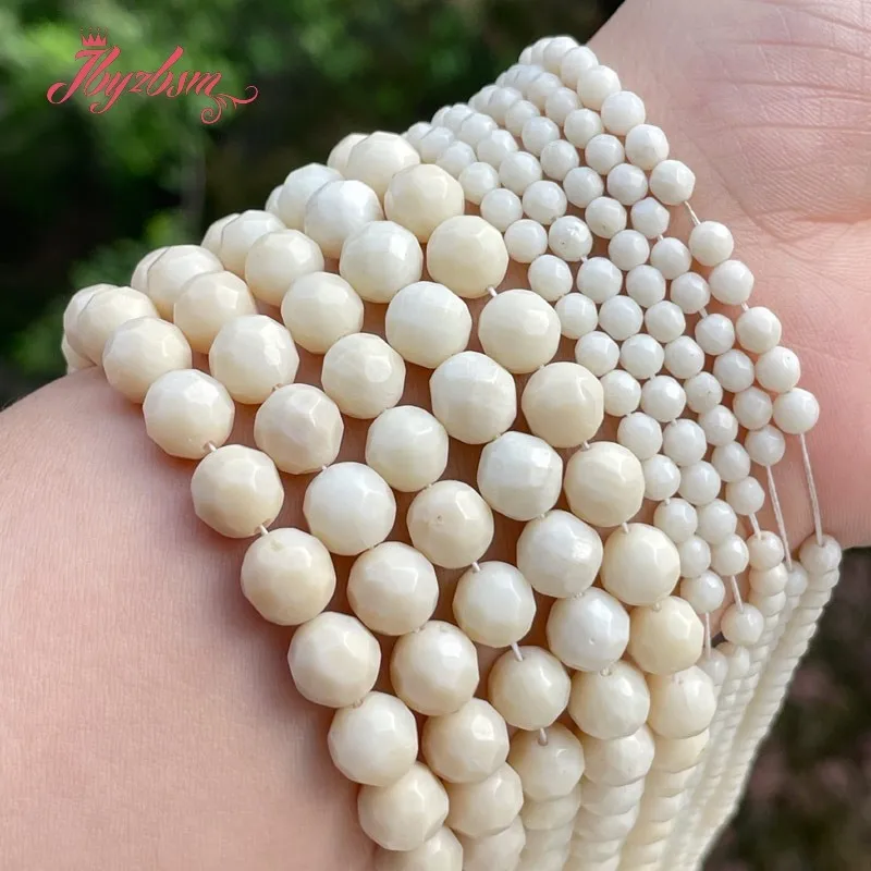 Free Shipping Natural White Coral Faceted Round Stone Beads Loose For DIY Necklace Bracelets Jewelry Making Strand 15\