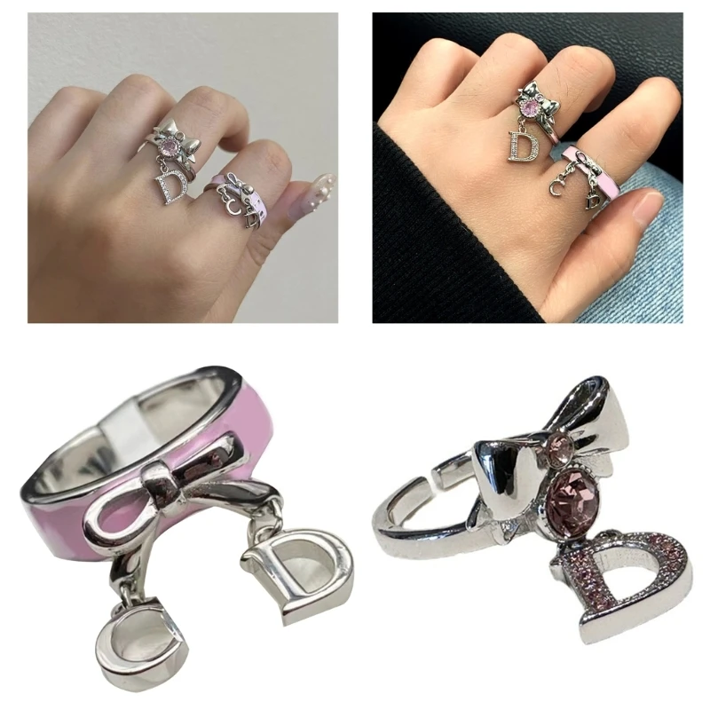 Zircon Bow Letter D Tassels Rings Cute Bowknot Finger Rings for Women Teen Girls Korean Jewelry Adjustable Open Rings