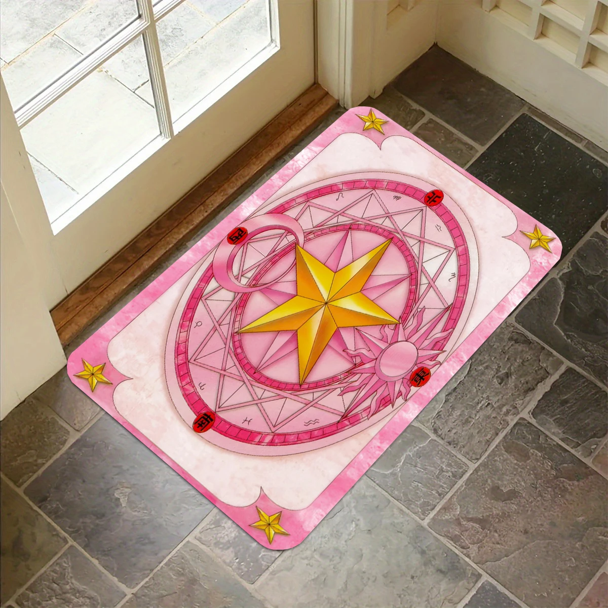 

Pink Magic Card Anime Carpets Flannel Anti-slip Bathroom Accessories for Living Room Doormat Entrance Foot Mat Home Decorations