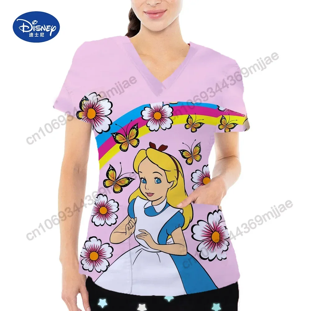 New Cute Disney Cartoon Printed Pattern V-neck Double Pocket Nurse uniform Comfortable and Casual Y2k style Women's T-shirt