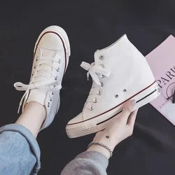 2025 New 8cm High Heels Shoes Casual Canvas Sneakers Designer Platform Wedges Ladies Hidden Wedge Elevator Shoes White black
