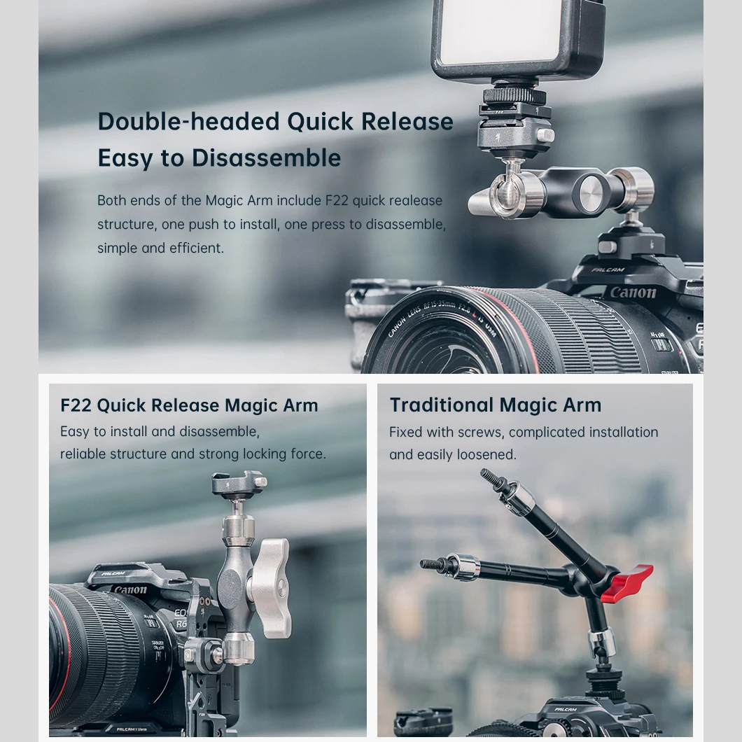Falcam F22 Kit de braço mágico de extensão de liberação rápida de 3 polegadas com cabeças esféricas duplas para vários dispositivos Monitor de tripé estabilizador