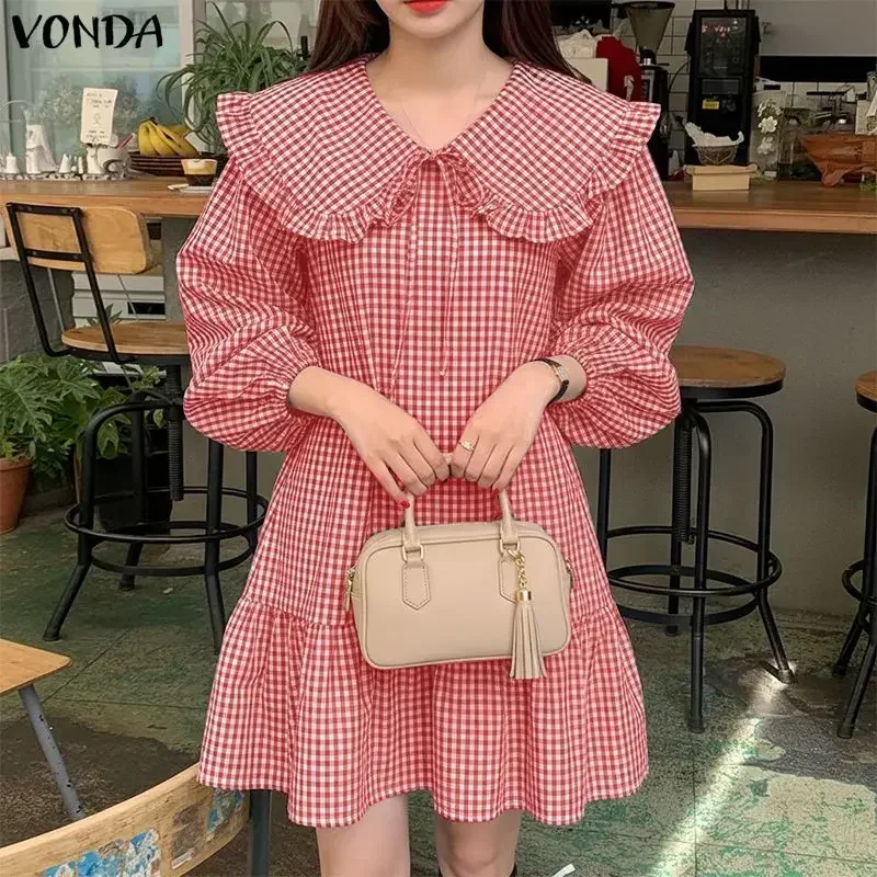 

Элегантное женское платье VONDA 2026 в клетку с воротником Питер Пэн, длинным рукавом, принтом, короткое мини-платье-сарафан, модное, с оборками, для вечеринок, Vestido Robe