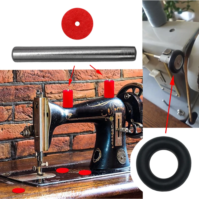 2 Pcs Metal Vintage Spool Pins + 1 Pcs Bobbin Winder Tire + 2 Pcs Red Spool Pin Felt Pad for Singer Domestic Sewing Machine