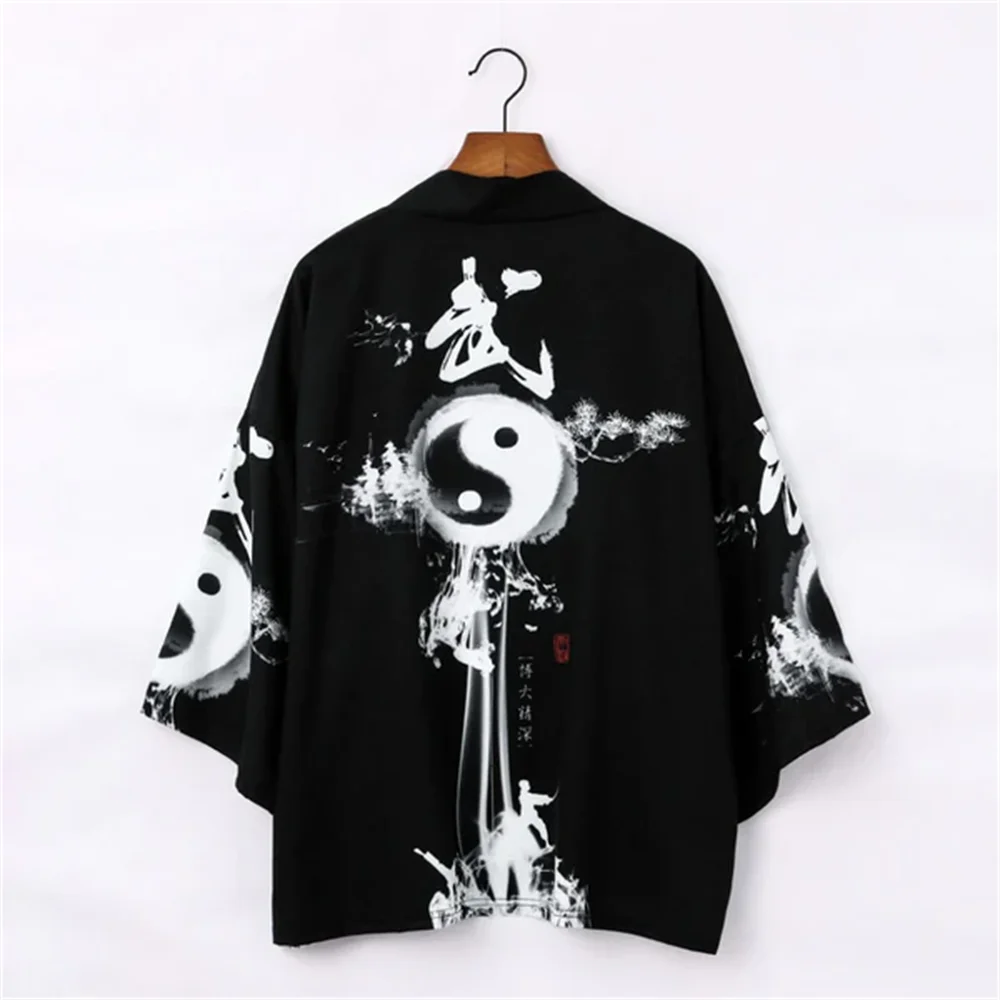 Japanese Kimono Cardigan Shirt White & Black Tai Chi China Print Men Women's Kimono Shirt Haori Yukata Coat Traditional Clothing