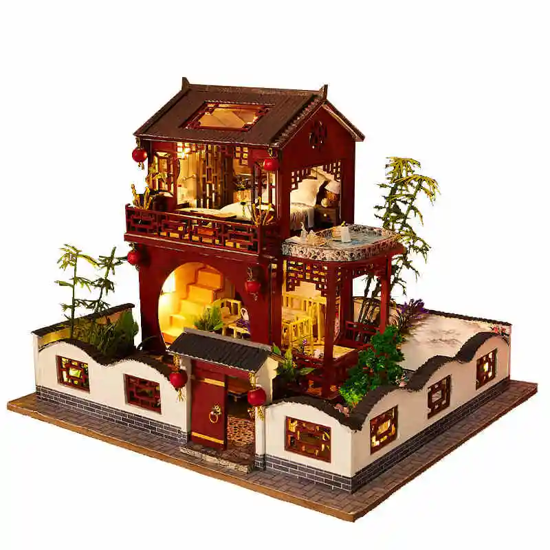 Diy Wooden Doll House Miniature Building Kit Chinese Ancient Loft Furniture Led Lights Dollhouse Toys For Children Birthday Gift