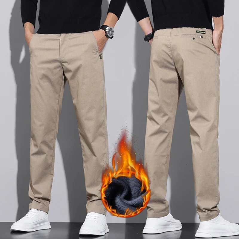 

Winter Fleece Casual Pants Men Fashionable Slim Straight Velvet Trousers Warm Fashion Small Feet Plush Denim Trousers
