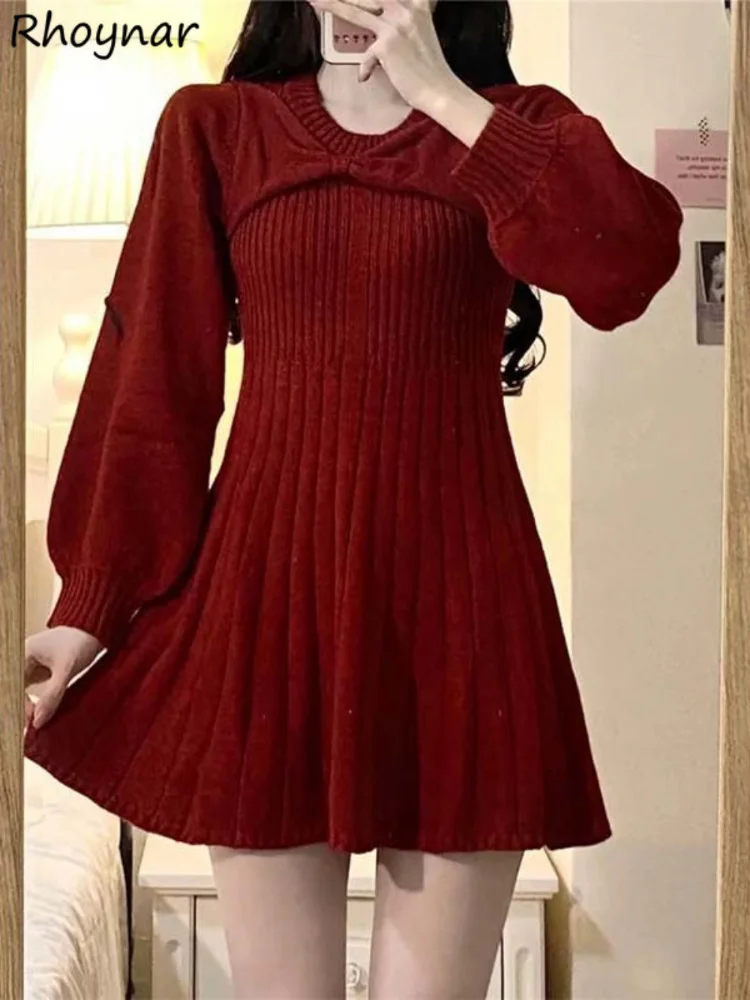 Red Dresses Women Christmas Fashion Sweet Style Schoolgirl Lovely All-match Solid Knitting Design Ins Basic Autumn Korean Party