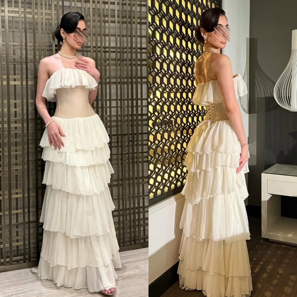 

Customized Modern Style Sexy Chiffon Pleat Ruched Tiered A-line Strapless Long Dresses Bespoke Occasion Dresses Elegant Formal