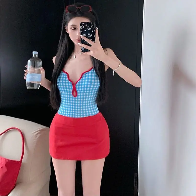 

New One-piece Swimsuit Blue Plaid Splicing Suspender Hollowing Out Korean Hot Girl on the Beach Backless Hot Spring Vacation