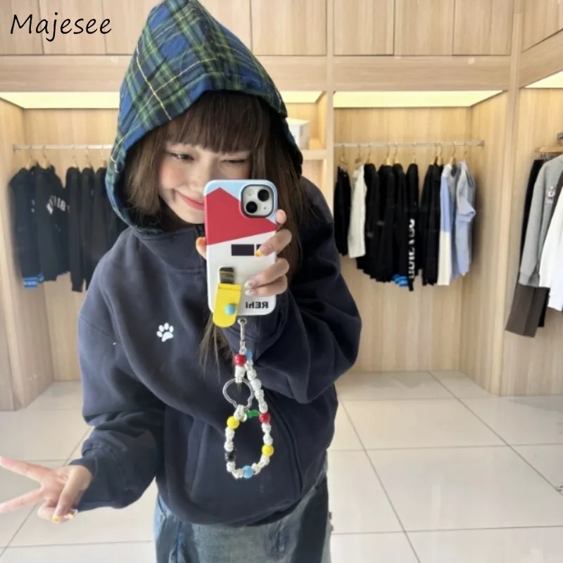 

Plaid Hooded Jackets for Women Design Unique Chic Loose Fit Young Students All-match Daily Plus Velvet Thicken Slouchy Trendy