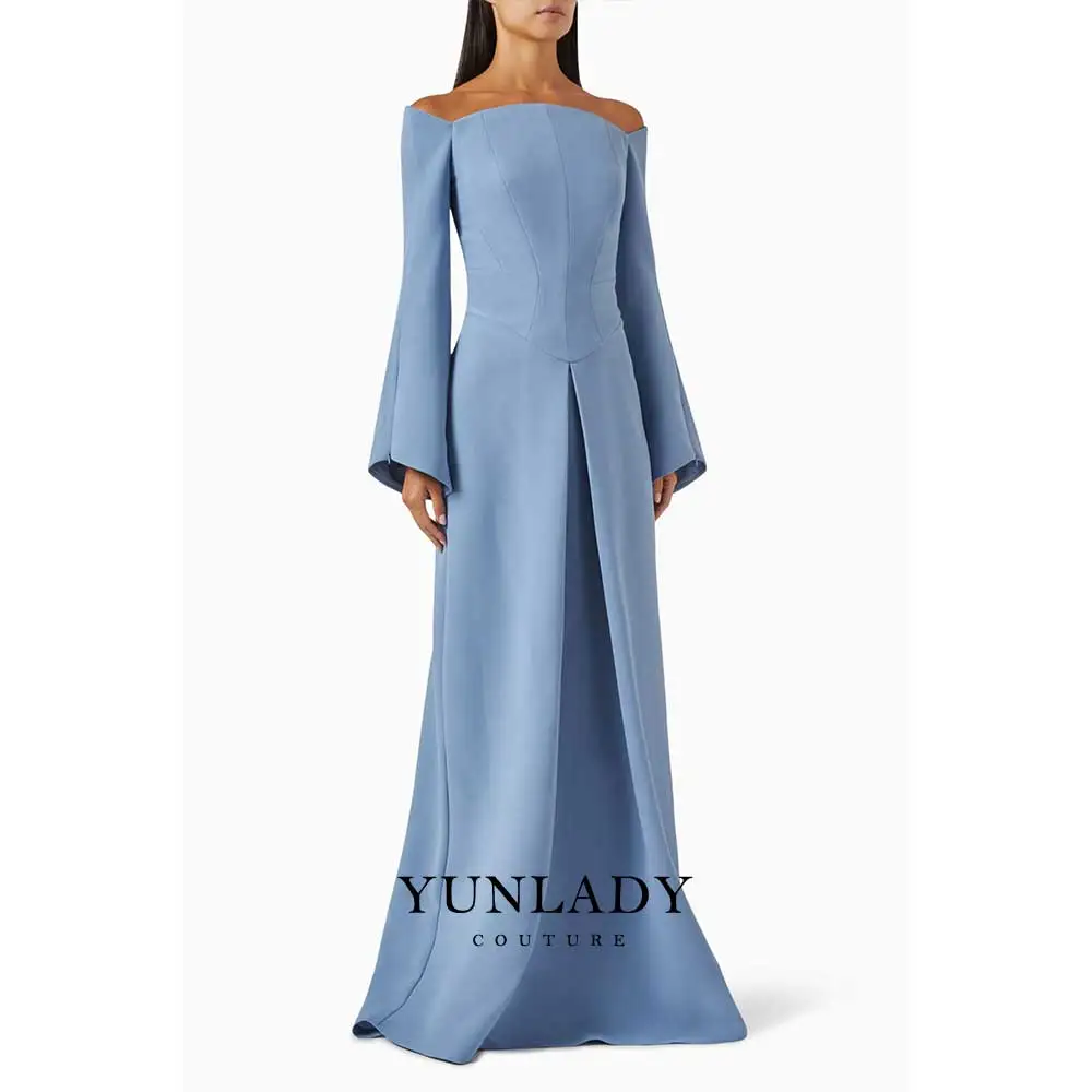 

YUNLAN Elegant Blue Off Shoulder Banquet Evening Dress Women Performance Blue Draped Train Dress Wedding Party Guest Dress