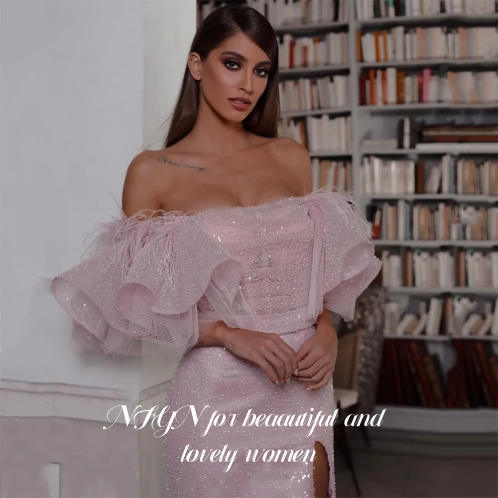 Nfyn luz rosa vestido de noite gliiter lantejoulas vestido de baile com penas vestido de noite de casamento fenda lateral robes de soirée personalizado