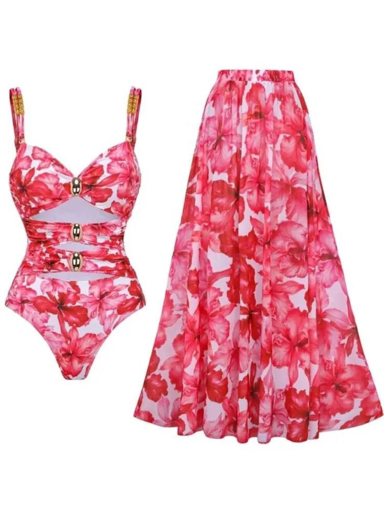 Retro Flower Bikini Printed Fashion One Piece Swimsuit And Cover Up With Skirt Tight Women's Bandage Summer Beach Luxury Elegant