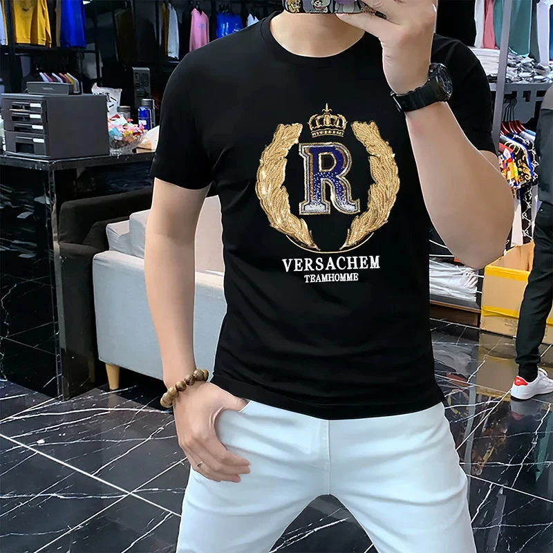 T-shirt Men\'s New Summer 2023 Short Sleeve Letter Crown Sequin Embroidery O-Neck Slim Red Top Luxurious Trend Party Man Clothing