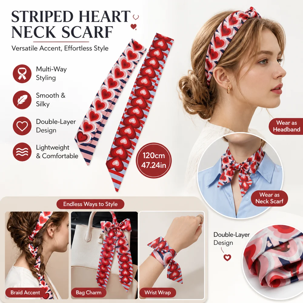 New Striped Slender Scarf Heart Pattern 120cm Length Neck Scarf Small Double Layer Decor Ribbon Scarf Accessory Decoration