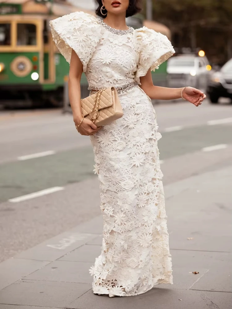 Women Lace Skirt Two Piece Set Sexy O Neck Diamonds Short Top + Crystal Beaded Long Skirt Suits Evening Cocktail Set