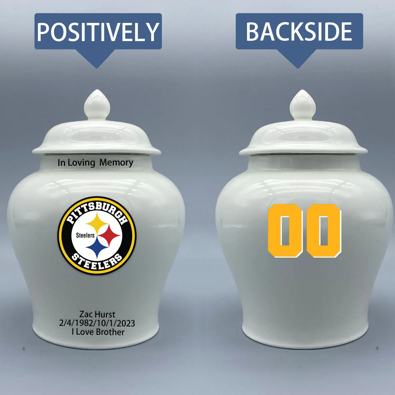 

Medium Urn for Pittsburgh Steelers-themed Logo Urn.Please send me the customize information-name/date and number on the urn