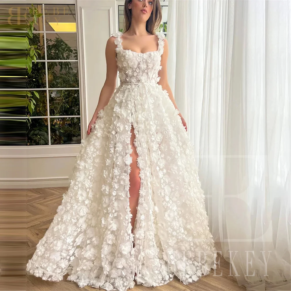 

BEBEKEY Customized 3D Flowers Wedding Dress A-line vestidos de novia Customized Side Slit Evening Dresses Formal Party Gown