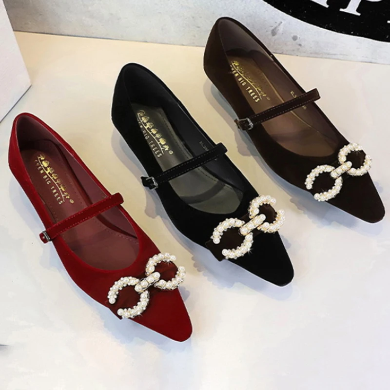 

French Style Pearl Buckle Adjustable Ankle Strap Pointed Toe Shallow Mouth Luxury Satin Fabric Comfortable Elegant Dress Shoes