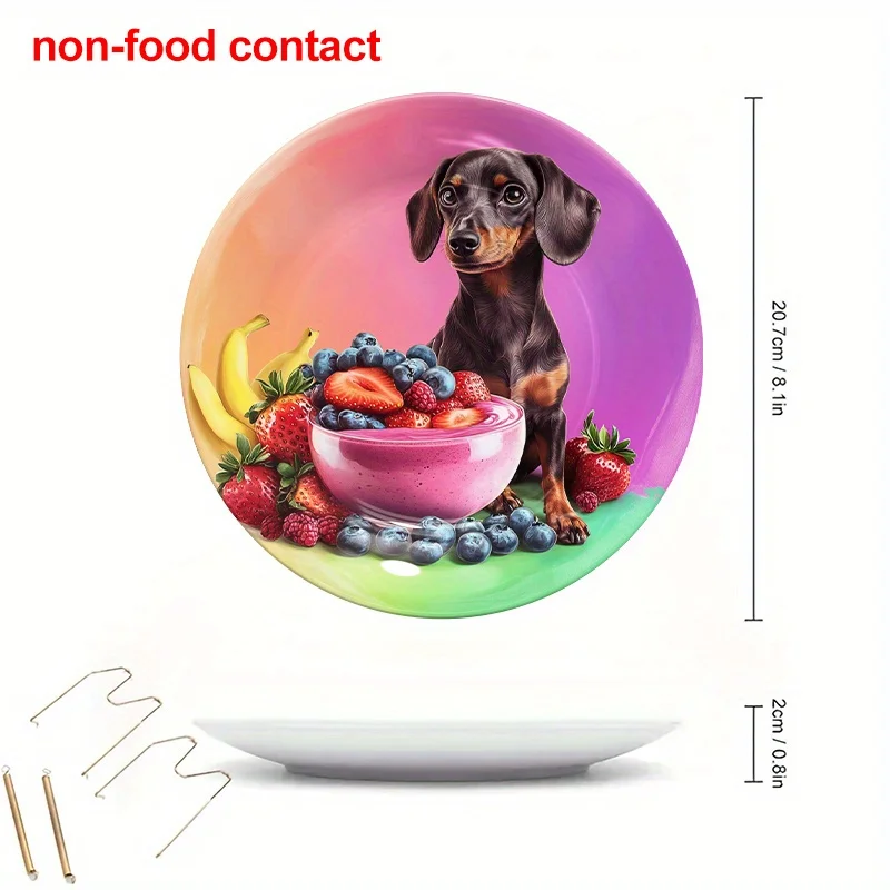 2D Flat, 1pc 8-Inch Round Ceramic Wall Art Plate - Dachshund & Fruit Design (Bananas, Strawberries, Blueberries) in Pastel Pink