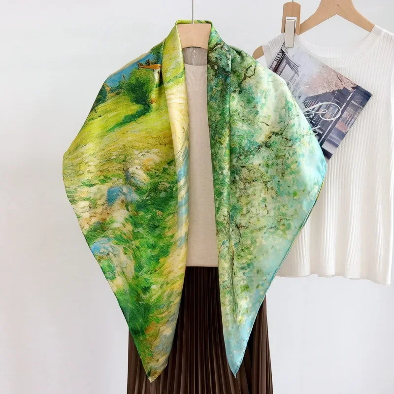 

High-end Elegant Women Exquisite Green Country Road Printed Quality Plain Satin Silk Hand-rolled Edge Large Square Scarf Shawl