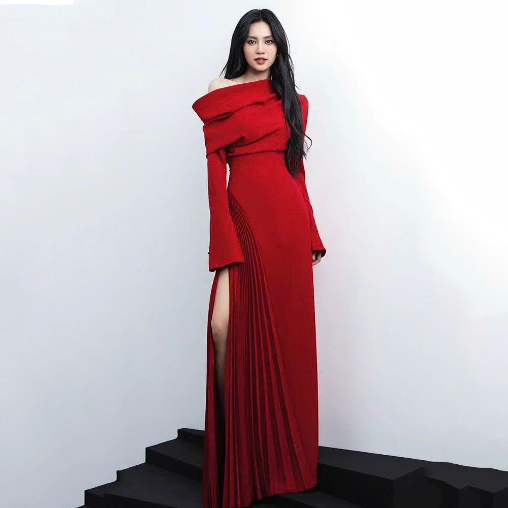 

Simple Red Evening Dresses Women Off The Shoulder A Line Long Sleeves High Quality Banquet Celebrity Vent Pleat Female Gowns