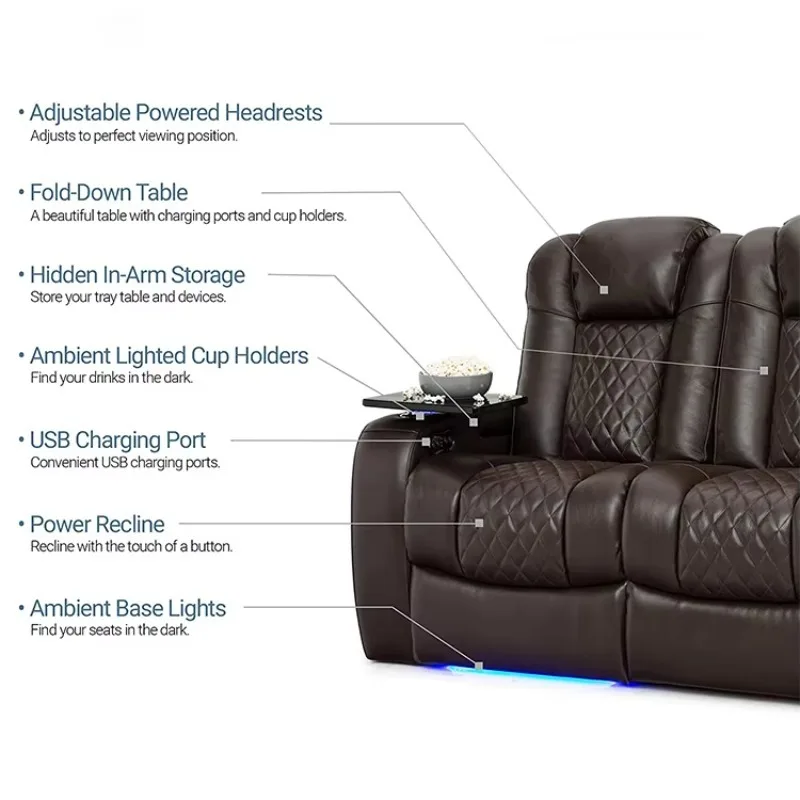 Electric Recliner Sofa Set Furniture Genuine Leather Home Theater Cinema Seating with Power Adjustable Backrest & Cup Holders