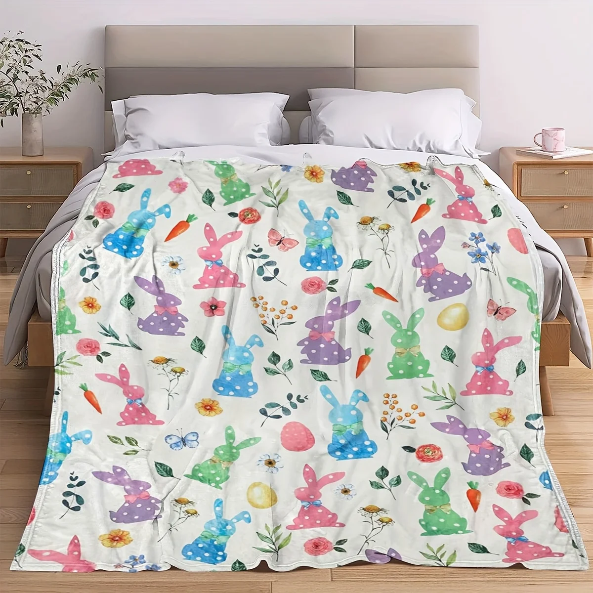 Easter Bunny Watercolor Flannel Blanket 2D Single Print Festive Home Decor Couch Throw Soft Functional Holiday Themed Attractive