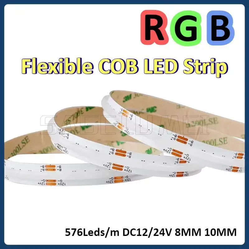 

12 В 24 В RGB Гибкая светодиодная лента COB, меняющая цвет, для подсветки телевизора, полос, шкафов и спальни, 5 м, 576 светодиодов/м, 8 мм, 10 мм