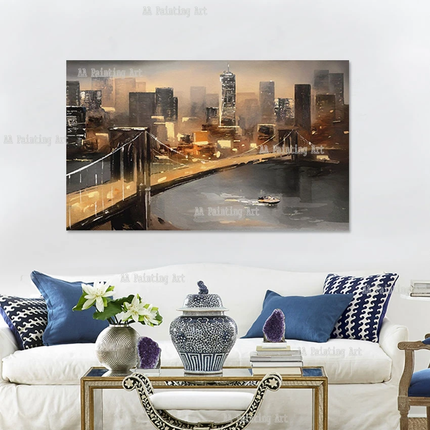 Hand-painted Huge Brigde City Buildings Scenery Night Scene Oil Painting Texture Knife Acrylic Art Unframed Wall Picture Canvas