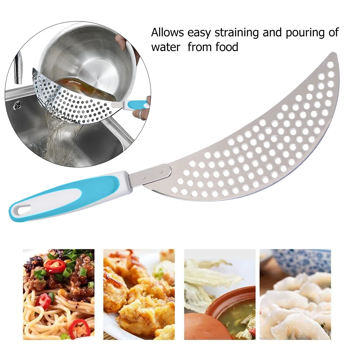 

1pc Stainless Steel Strainer Blue Plastic Handle Drainer For Pasta Rice Kitchen Tool Drainage Accessory