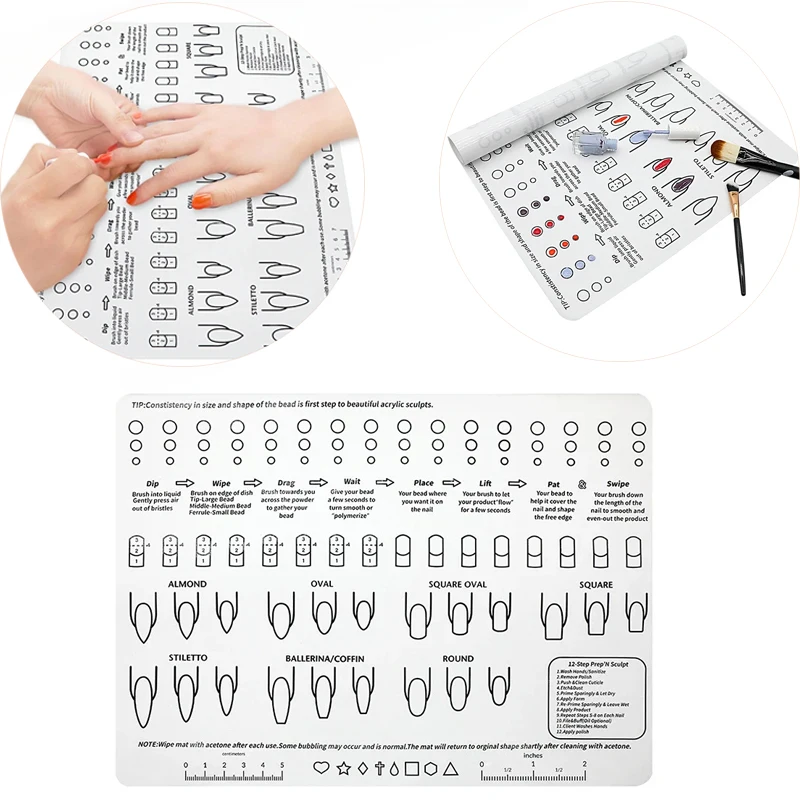 ورقة تدريب على ممارسة الأظافر من السيليكون الأكريليك ، حصيرة مانيكير ، تطبيق نصائح الأكريليك السائل ، أداة تعليمية