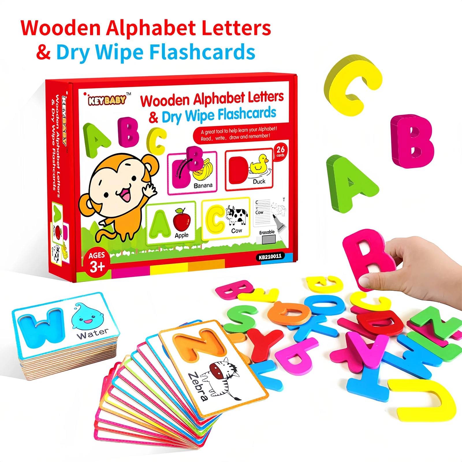 

English Children Alphabet Learning Cards 3-6 Years 26 Cards Wooden Alphabet Erasable Pen Enlightenment Puzzle Education