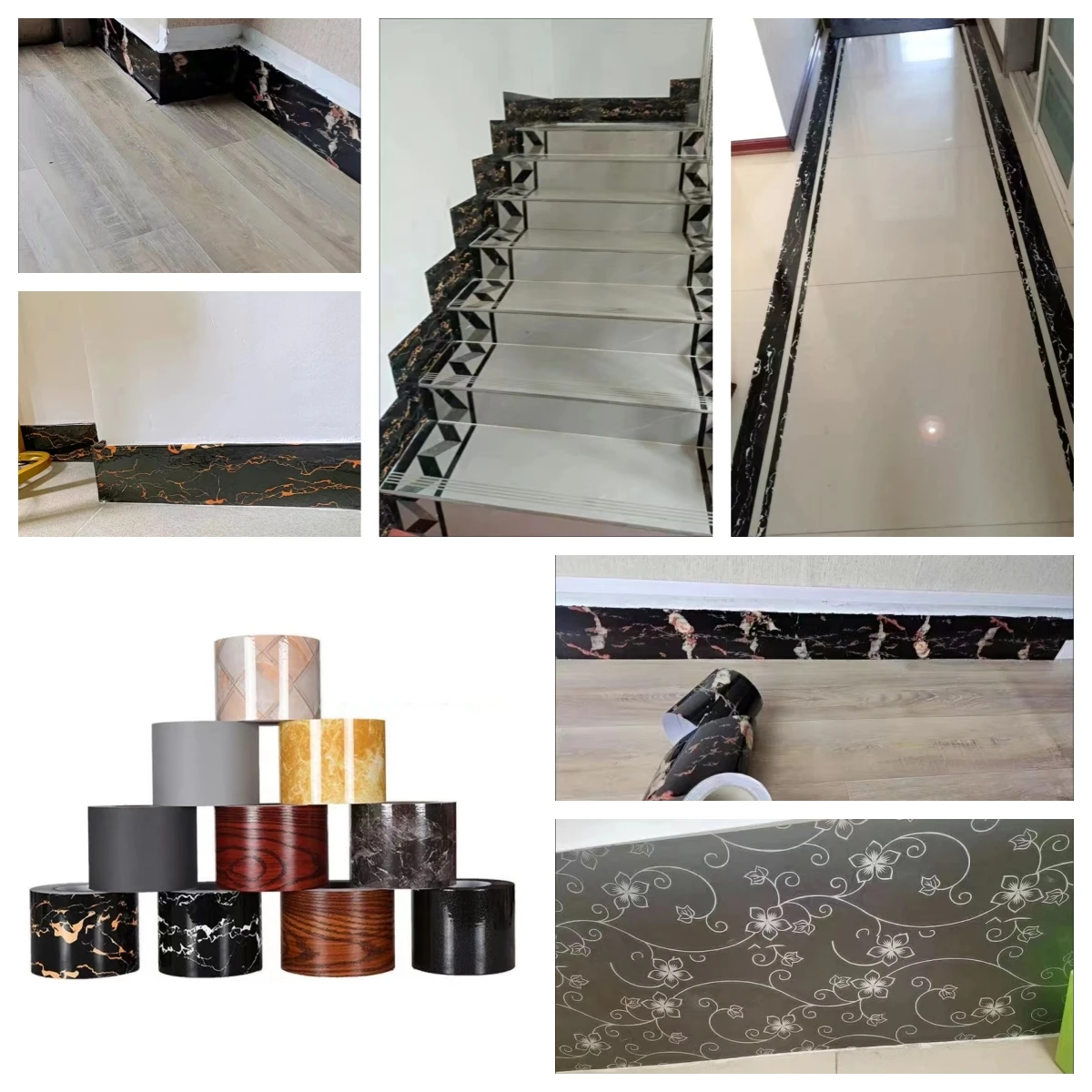 Marbled Wood Grain Border Sticker Peel&Stick Waterproof Wall Sticker Floor Bathroom Door Frame Window Sill Decoration Wallpaper