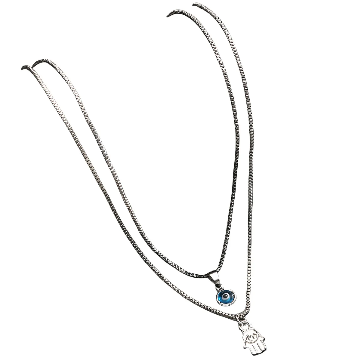 Mit Geschenkbox 2-teiliges Goldfarbenes Mehrlagiges Halsketten-Set für Frauen Böses Auge Hamsa-Hand Anhänger Vintage Boho Charm Schmuck Geschenk – Detail 6