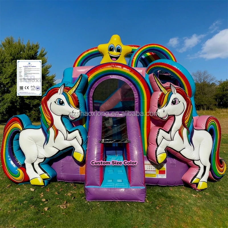 

Kids Toddlers Commercial Outdoor Wet Dry Unicorn Rainbow Cartoon Theme Jumping Bouncy Castle Inflatable Bounce House with Slide