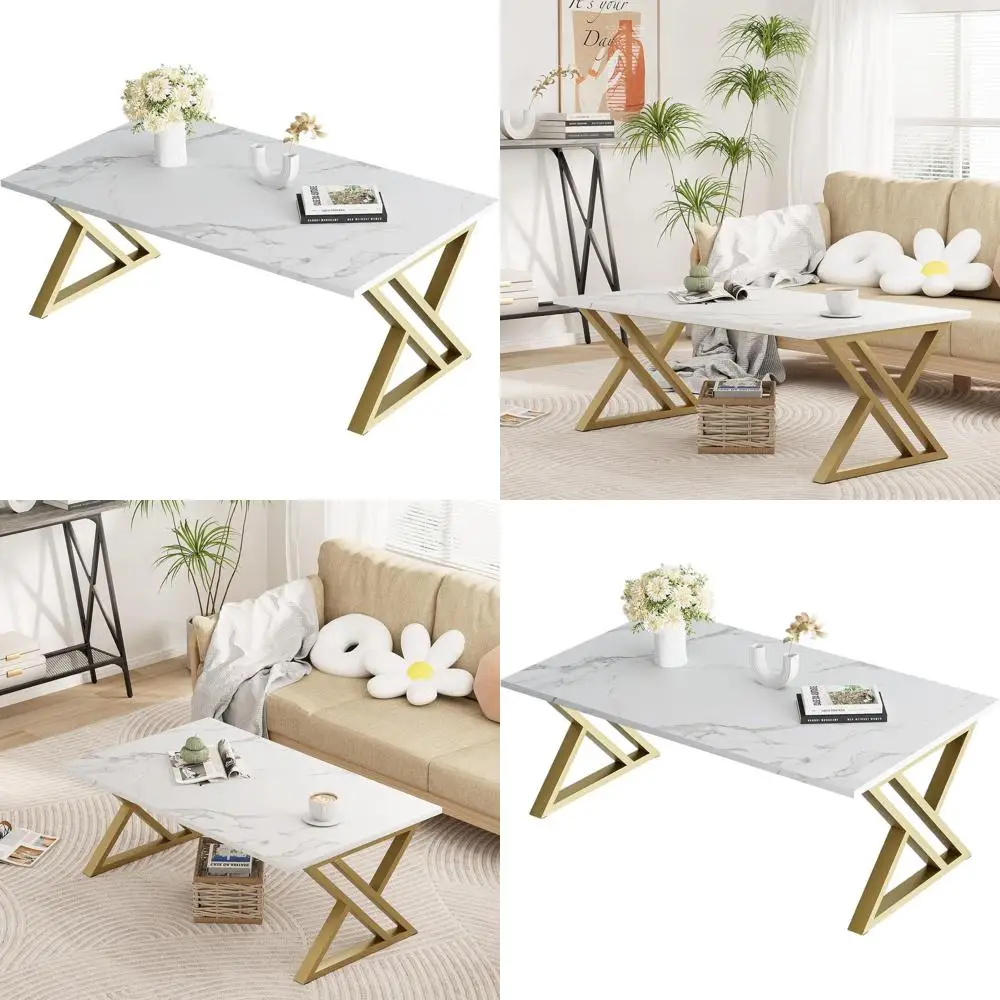 

Modern Rectangular Faux Marble Coffee Table with Gold Metal Frame for Living Room and Bedroom